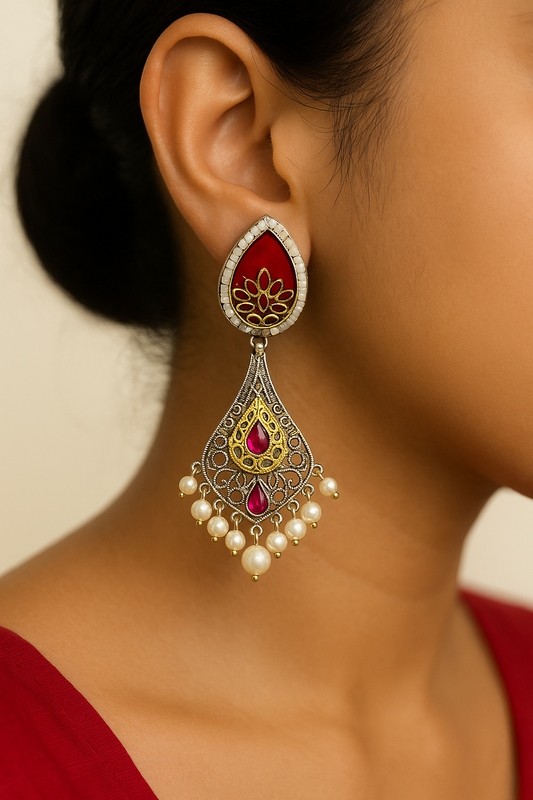 Kundan Teardrop Dangle Earrings with Pearls - Red & Pink Enamel Work