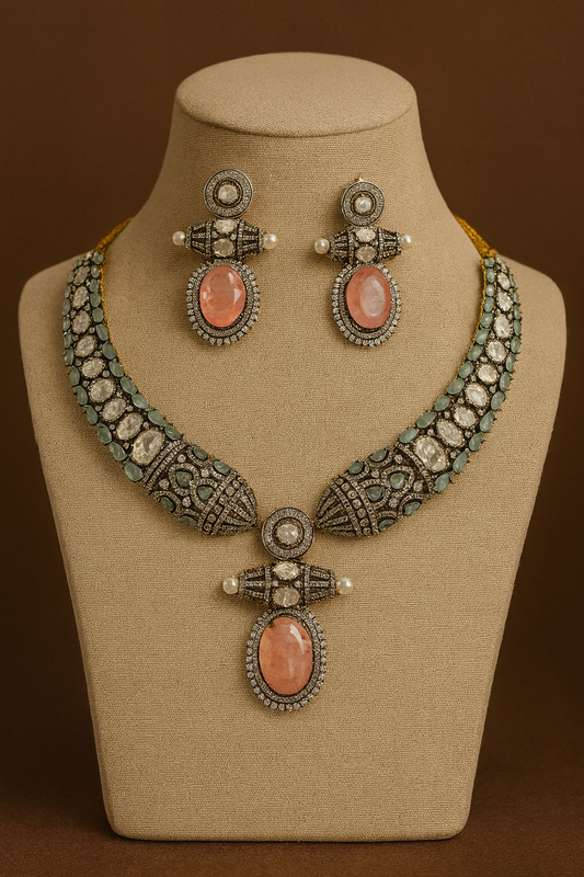 Mossanaite Crystal Necklace Set with Earrings - Pink Stone & Green Accents