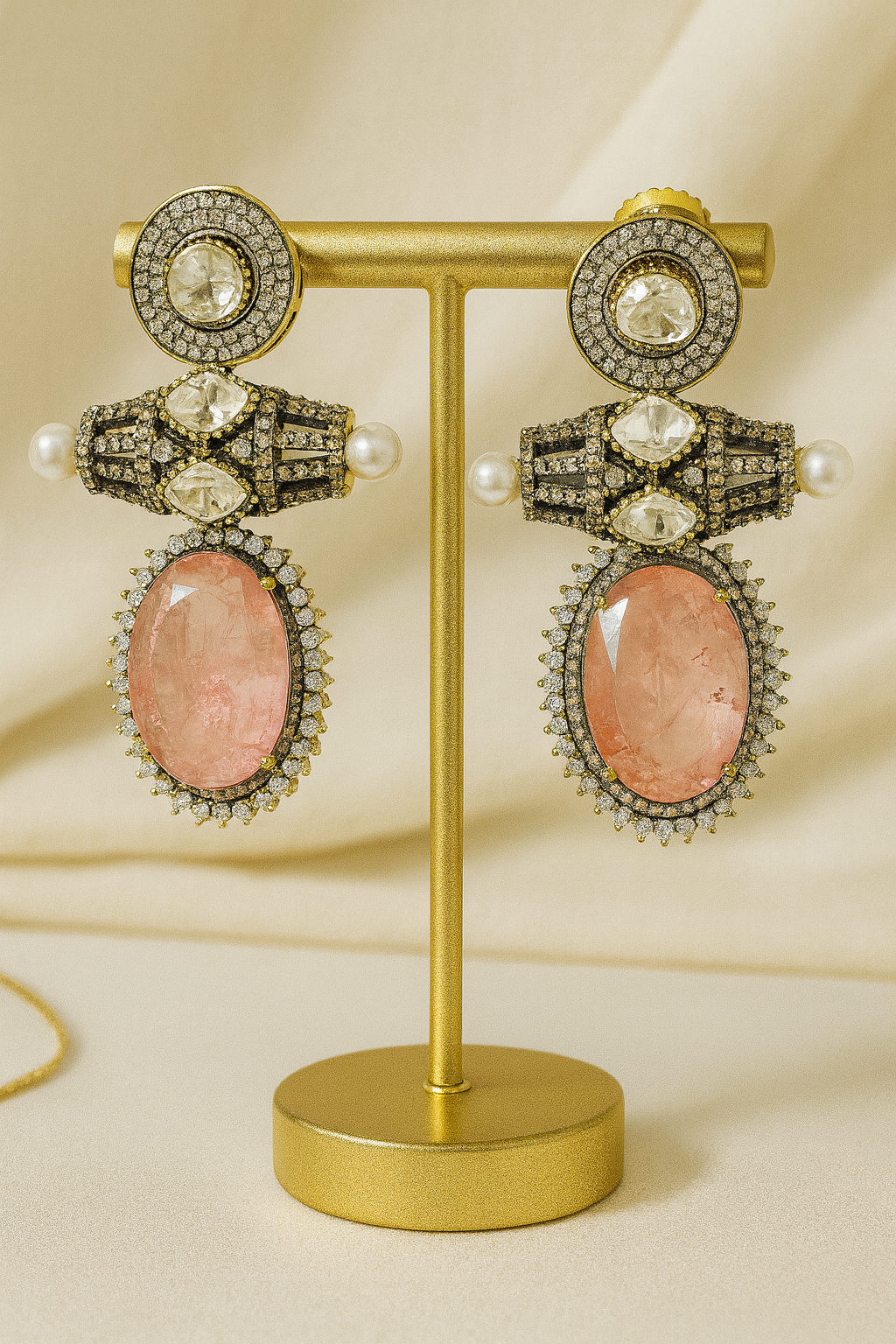 Mossanaite Crystal Necklace Set with Earrings - Pink Stone & Green Accents