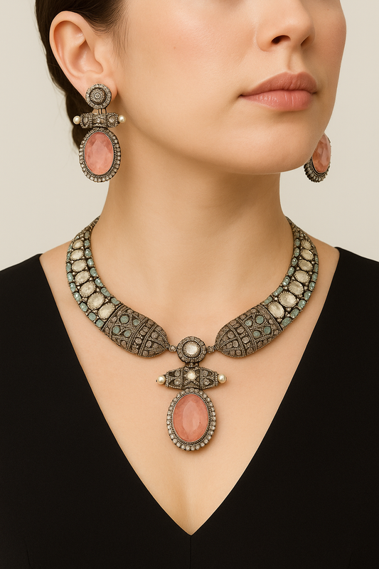 Mossanaite Crystal Necklace Set with Earrings - Pink Stone & Green Accents