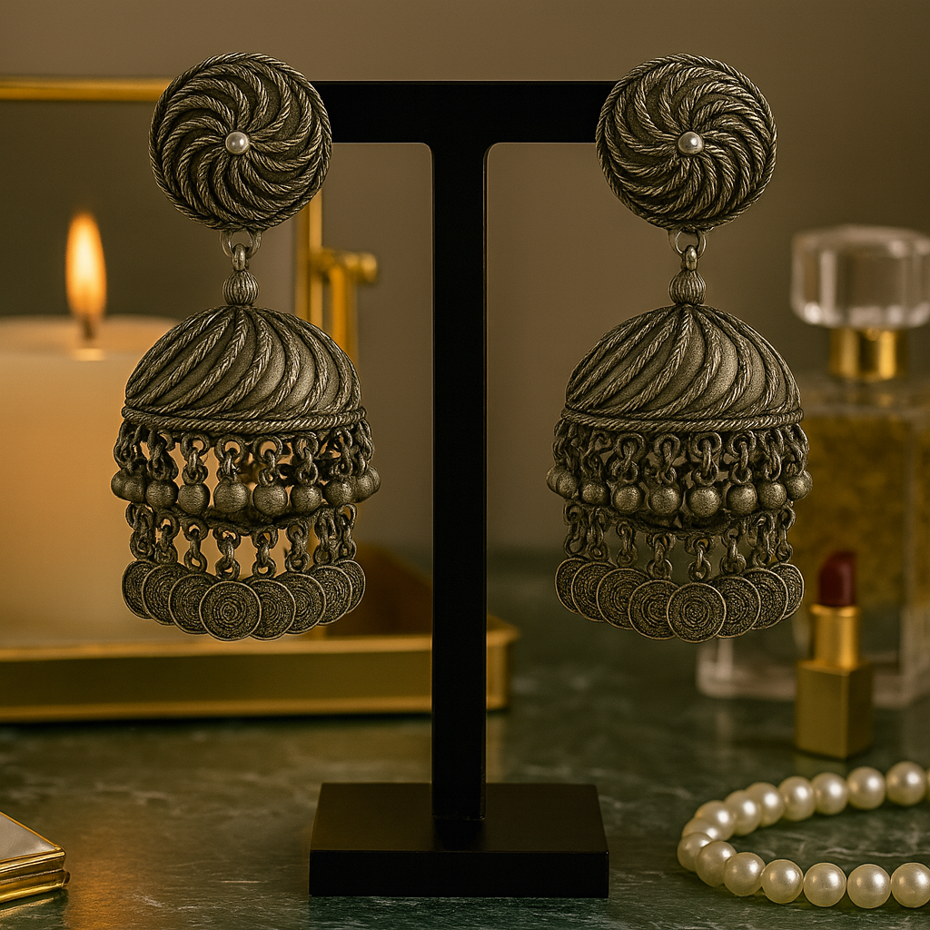 Traditional Oxidised Silver Dome Jhumka Earrings with Coin Danglers – Ethnic Festival & Party Jewelry