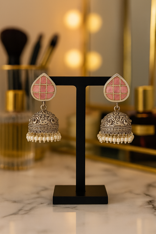 Oxidised Silver Jhumka Earrings with Pink Stone Studs & Pearl Danglers – Ethnic Party Jewelry