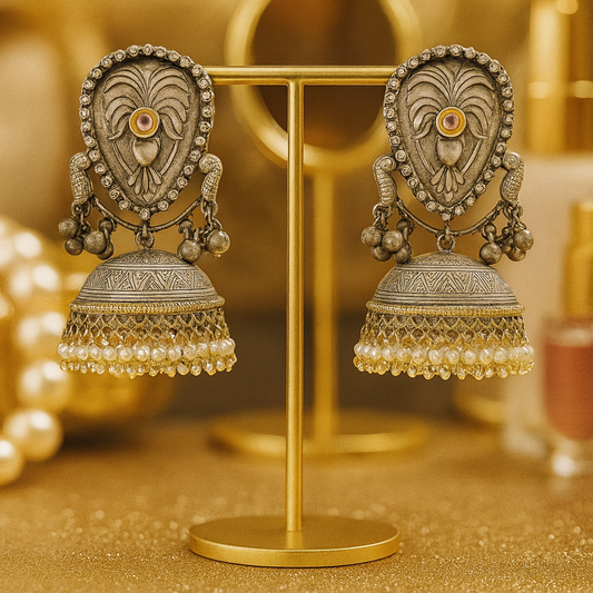 Oxidised Bird Motif Pearl Jhumkas