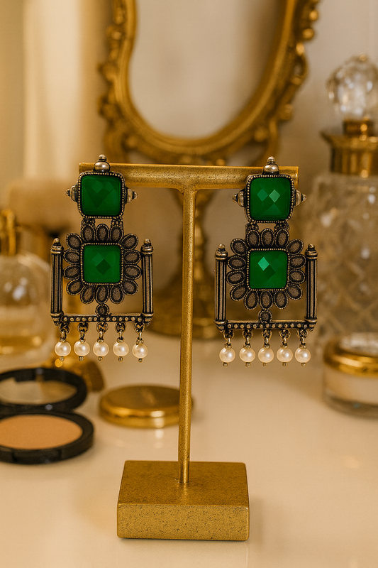Elegant Green Stone Oxidized Earrings