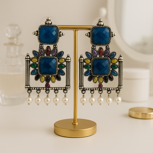 Oxidised Pearl Drop Earrings with Multicolor Stones for Women & Girls