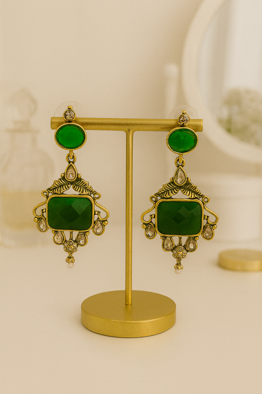 Gold Plated  Oxidised Drop Earrings with Green Stones & Pearls for Women