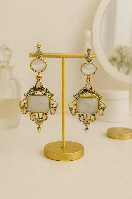 Gold Plated Oxidised Drop Earrings with White Stones & Pearls for Women