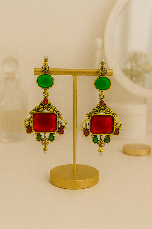 Gold Plated Drop Earrings with Red Stones & Pearls for Women