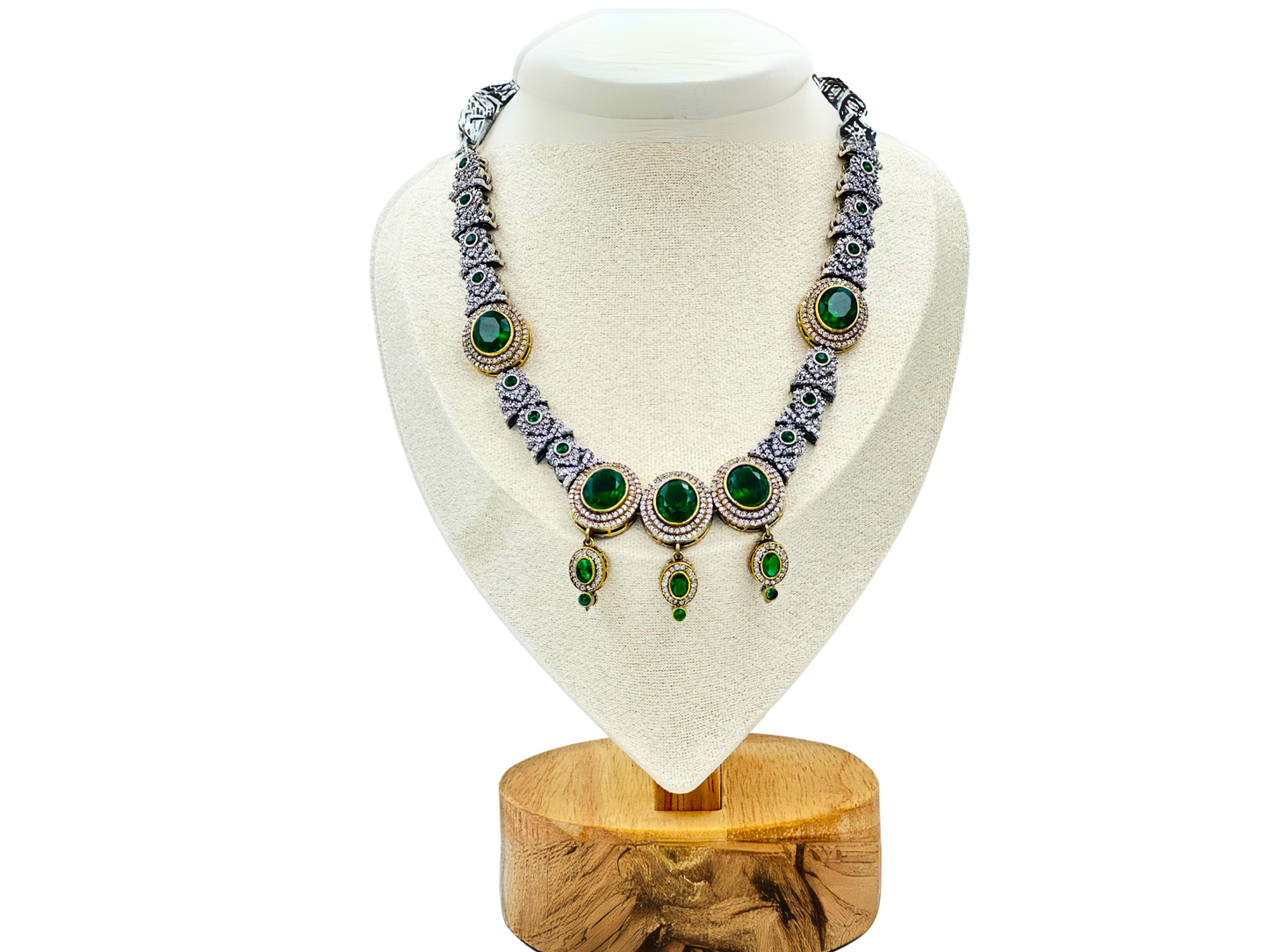 NESACCESSORIES RADIANT GREEN AMERICAN DIAMOND STUDDED OXIDIZED JEWELRY SET