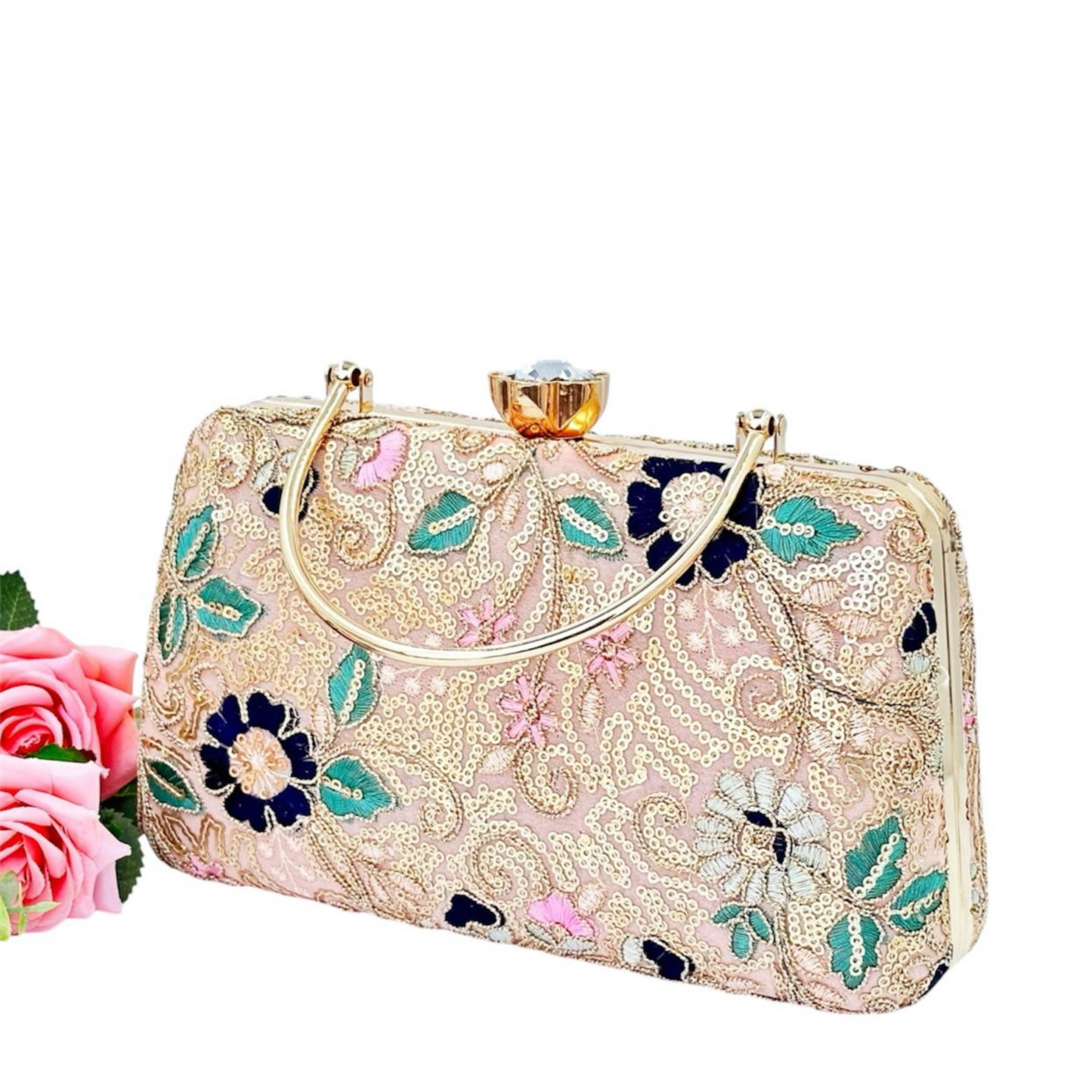 Floral Embroidered Clutch with Gold Sequins and Handle – Wedding & Party Bag