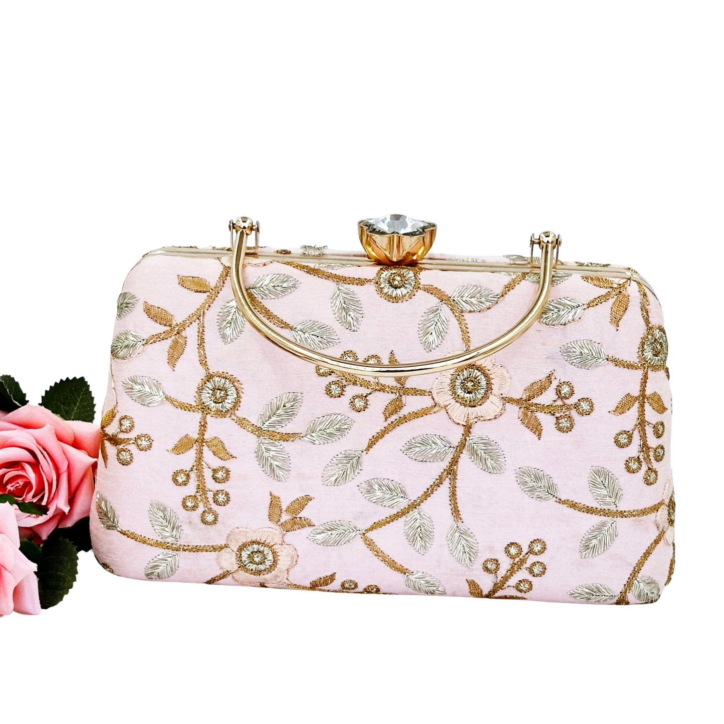 Blush Pink Clutch with Gold Floral Embroidery – Wedding & Party Handbag