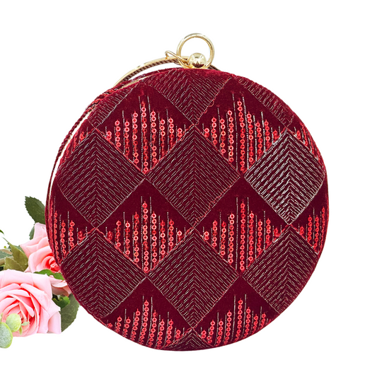 Luxury Red Velvet Round Clutch with Sequin Embroidery & Golden Handle – Party & Wedding Bag