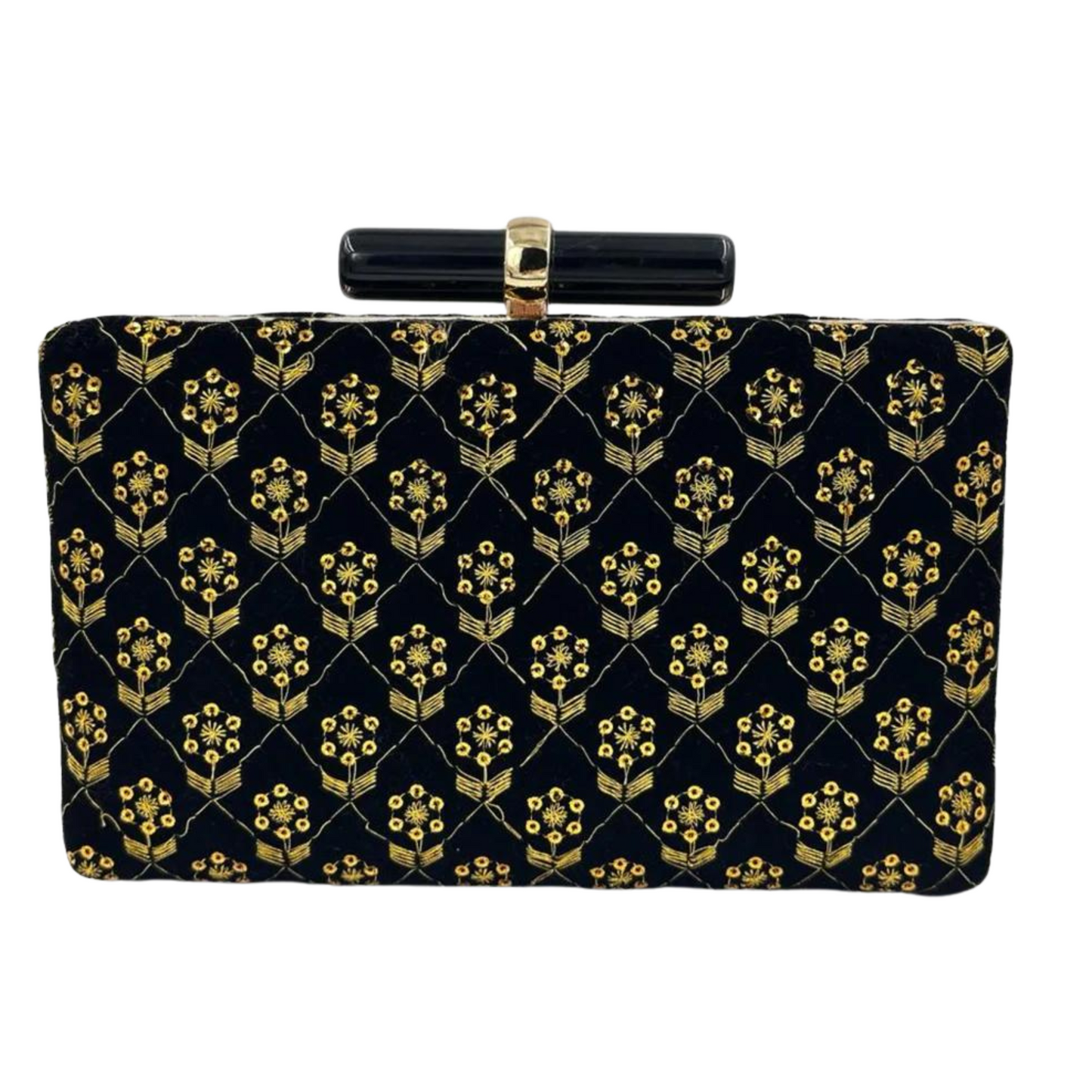 Luxury Black Velvet Clutch with Golden Floral Embroidery & Bar Clasp