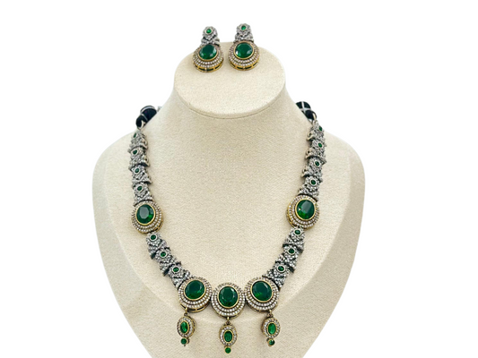 NESACCESSORIES RADIANT GREEN AMERICAN DIAMOND STUDDED OXIDIZED JEWELRY SET