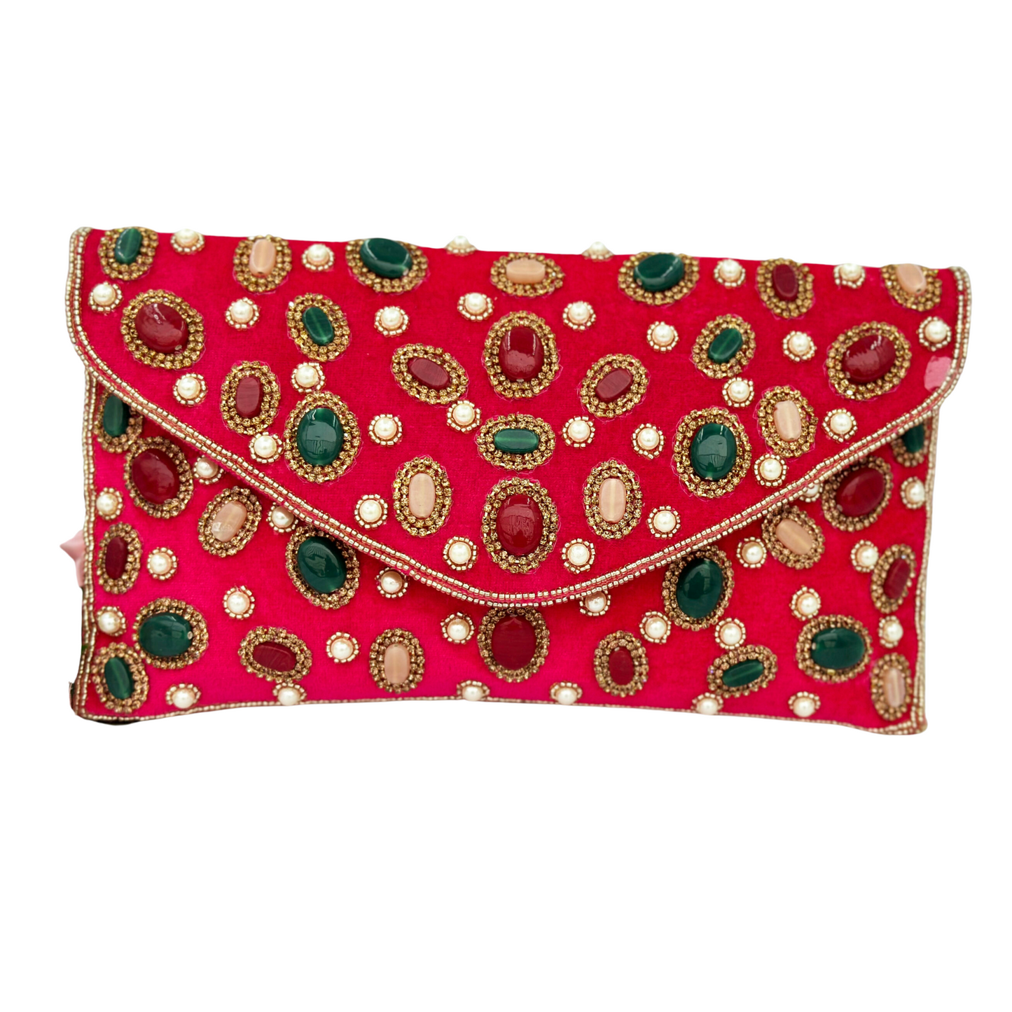 SPARKLING DARK PINK MULTI COLOUR STONE STUDDED PARTY CLUTCH
