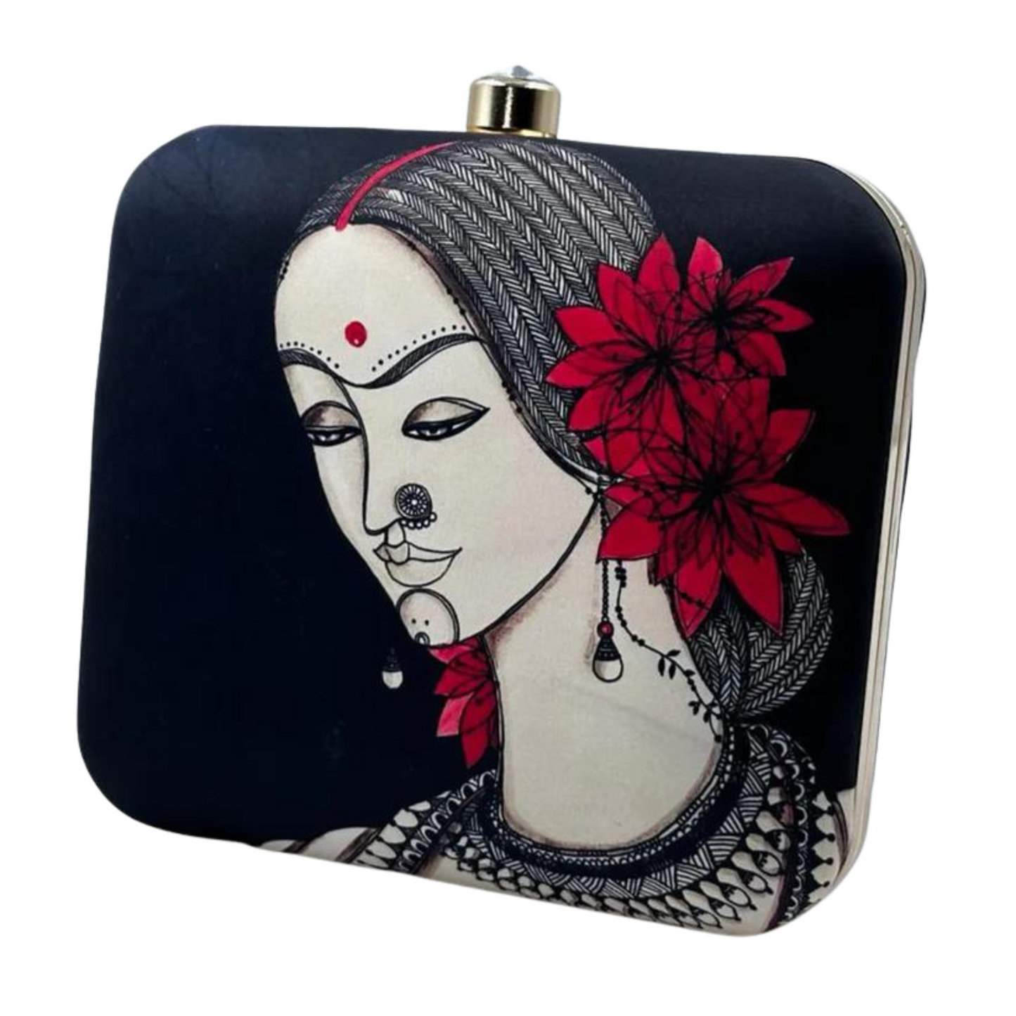 Artistic Print Clutch with Designer Lady Motif and Gold Chain – Evening & Party Bag