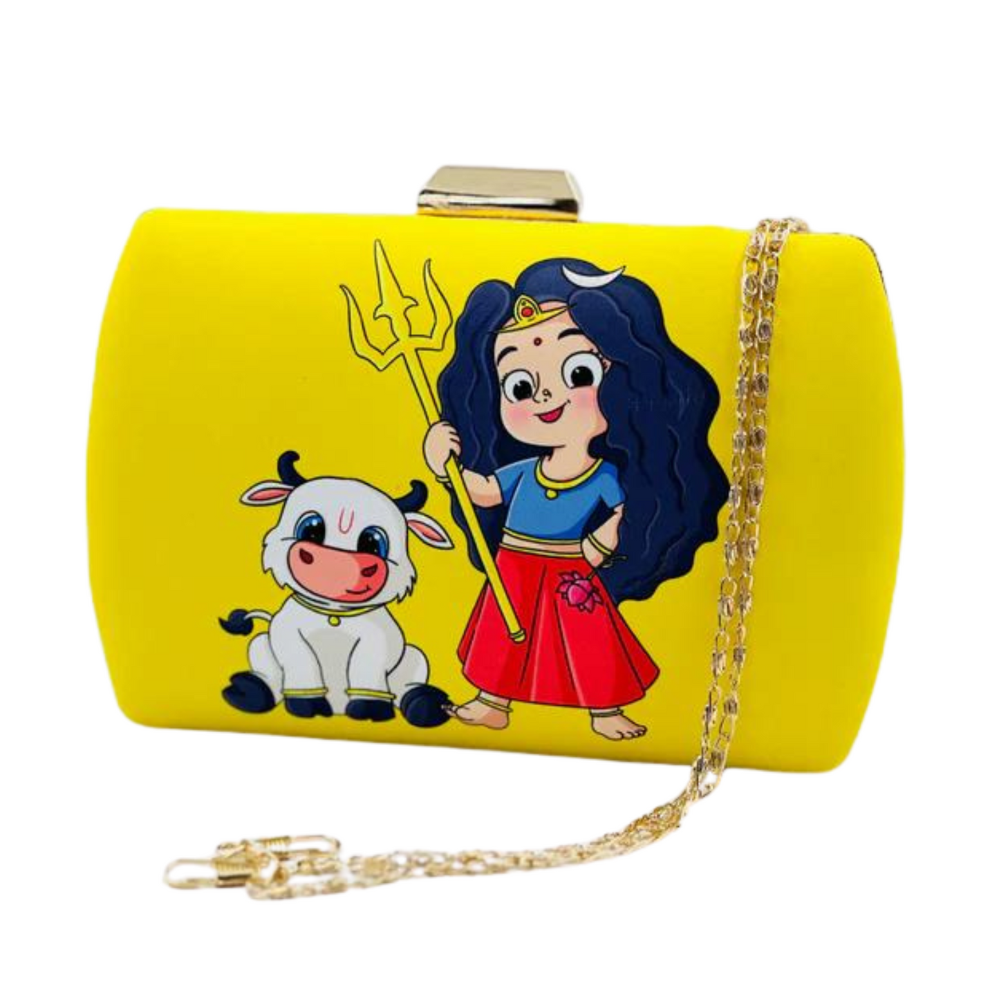 Divine Illustration Satin Clutch with Cow Motif – 7.5 x 4.5 inch Gold Chain Evening & Festive Bag