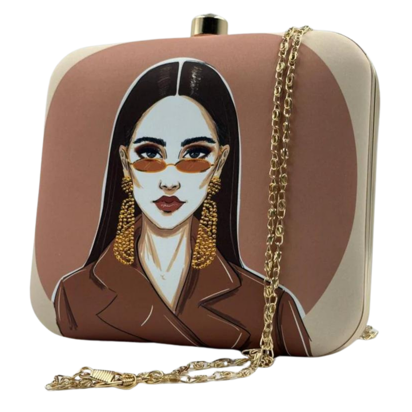 Chic Illustrated Lady Clutch with Gold Earring Detailing and Modern Artwork – Party & Evening Bag