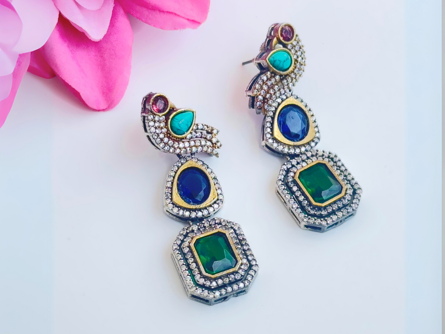 NESACCESSORIES GLASS STONE AND ZIRCONIA STUDDED STATEMENT EARRING