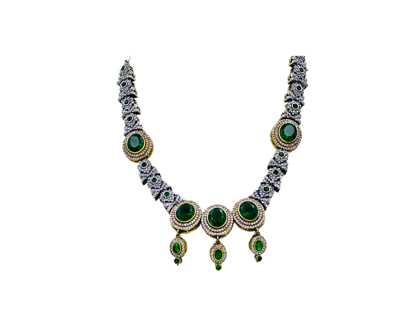 NESACCESSORIES RADIANT GREEN AMERICAN DIAMOND STUDDED OXIDIZED JEWELRY SET