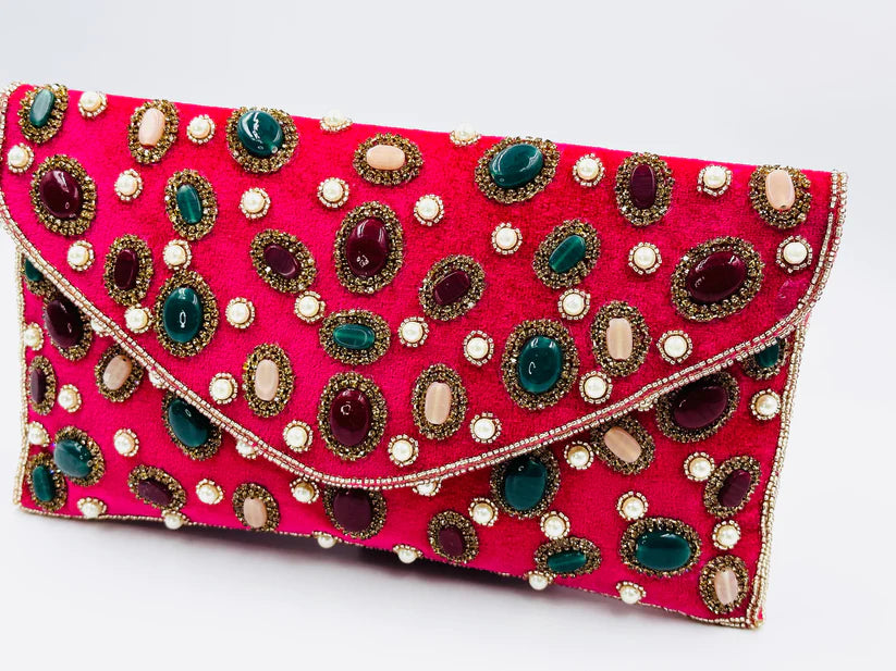SPARKLING DARK PINK MULTI COLOUR STONE STUDDED PARTY CLUTCH