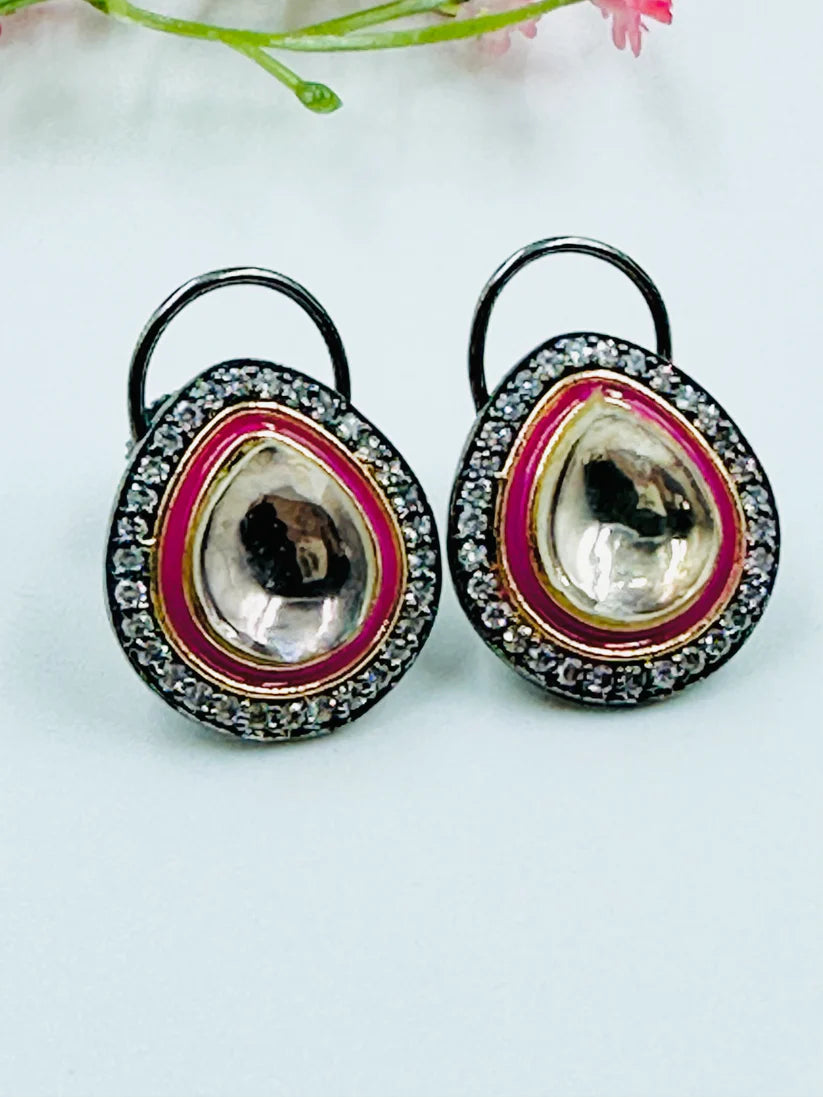 ELEGANT KUNDAN AND AD STUDDED EARRING IN GREY PINK AND GOLD