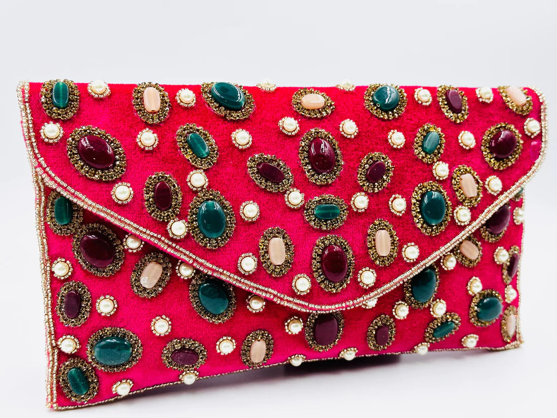 SPARKLING DARK PINK MULTI COLOUR STONE STUDDED PARTY CLUTCH