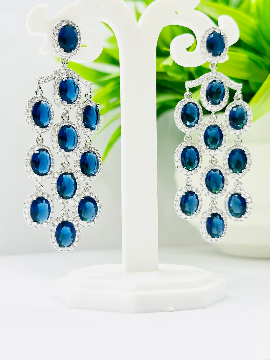 ELEGANT BLUE GLASS STONE AND AD STUDDED EARRINGS
