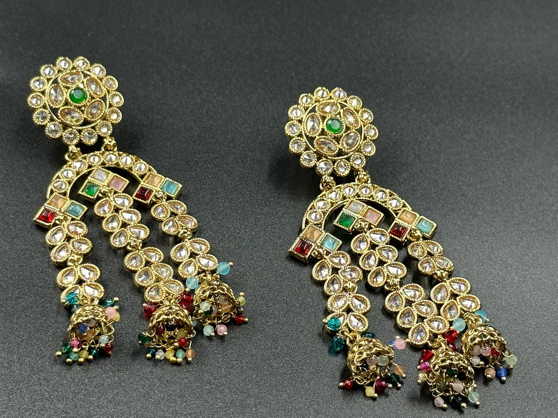 ELEGANT POLKI GOLDEN WITH MULTICOLOR BEADS DANGLERS EARRINGS