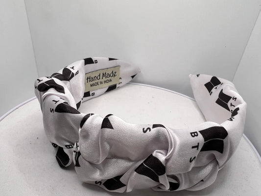 WHITE BTS PLEATED SATIN HAIRBAND
