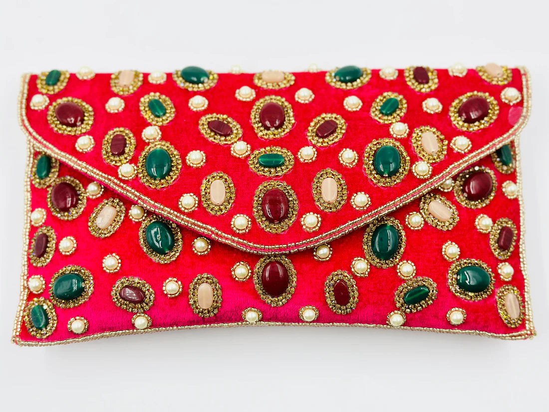 SPARKLING DARK PINK MULTI COLOUR STONE STUDDED PARTY CLUTCH