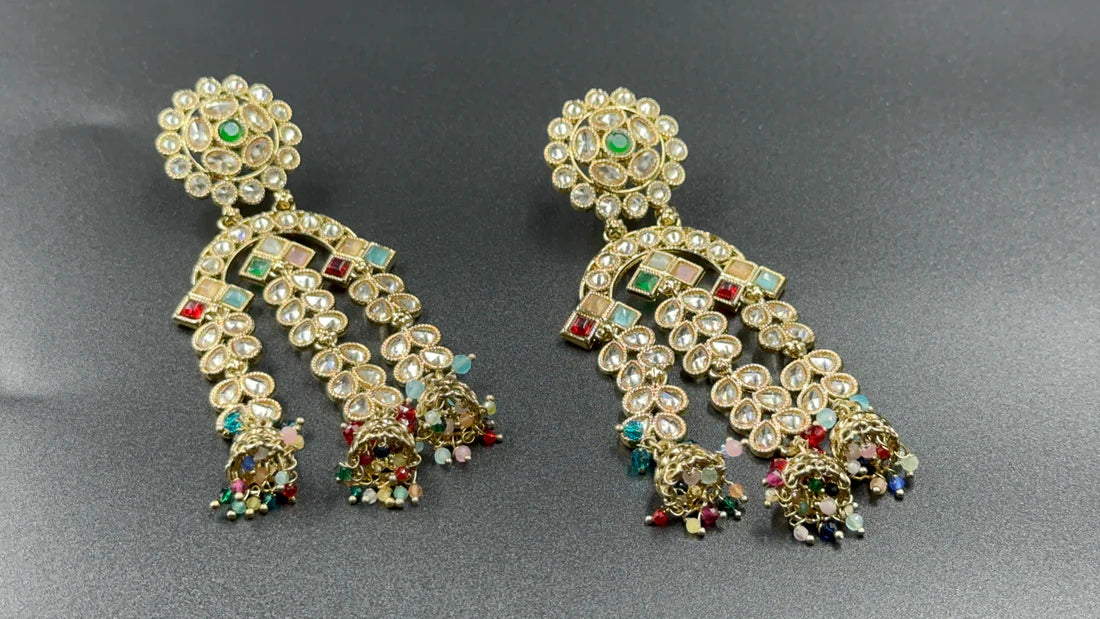 ELEGANT POLKI GOLDEN WITH MULTICOLOR BEADS DANGLERS EARRINGS