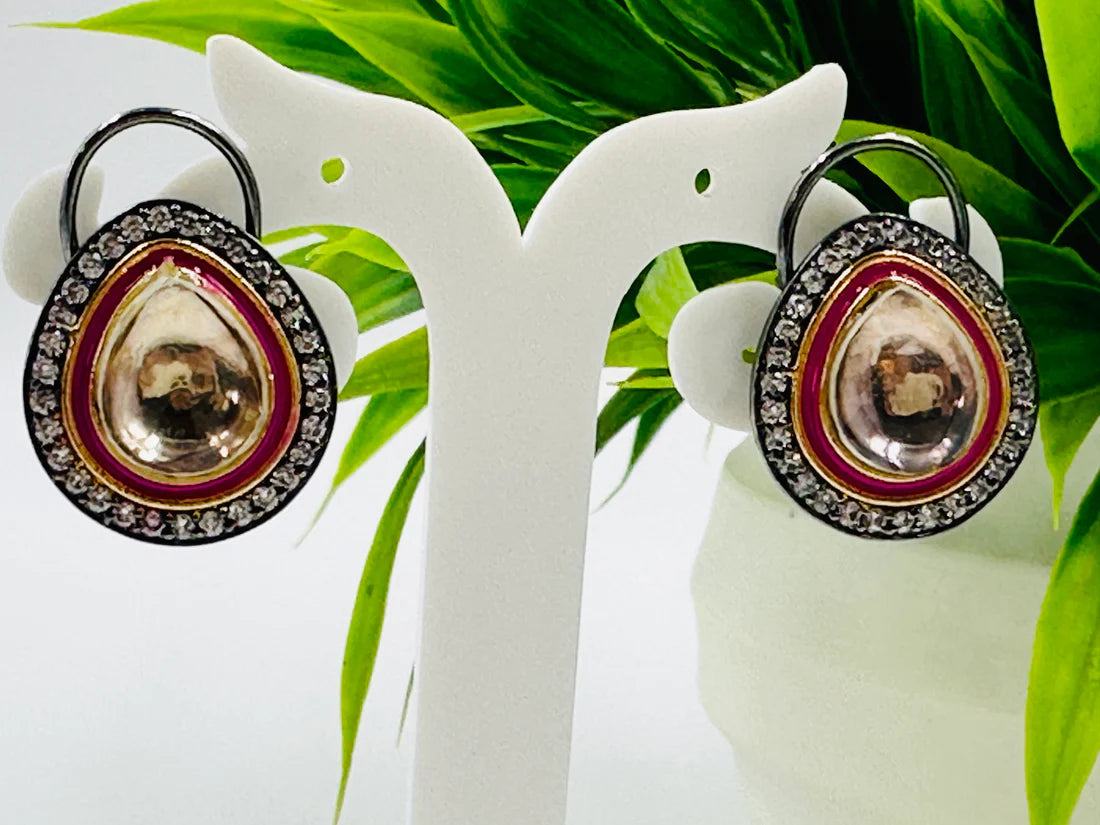 ELEGANT KUNDAN AND AD STUDDED EARRING IN GREY PINK AND GOLD