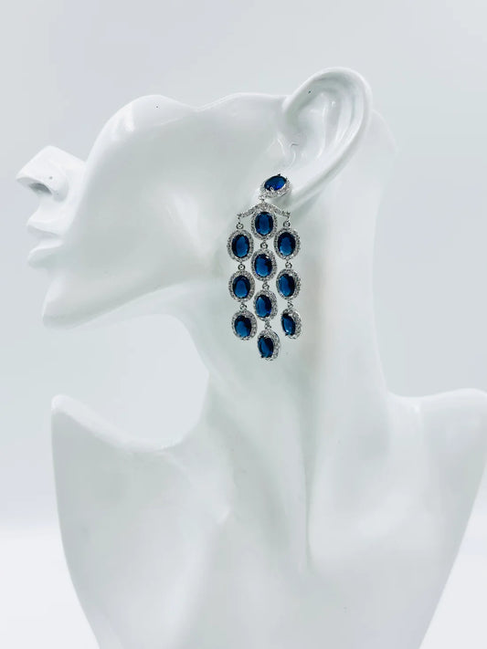 ELEGANT BLUE GLASS STONE AND AD STUDDED EARRINGS