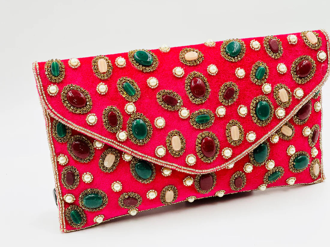 SPARKLING DARK PINK MULTI COLOUR STONE STUDDED PARTY CLUTCH
