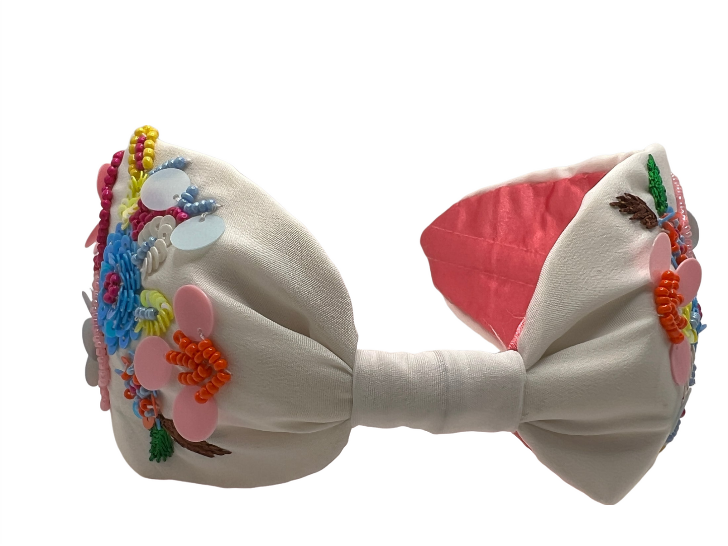 ELEGANT WHITE AND PINK EMBROIDED HAIRBAND