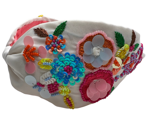 ELEGANT WHITE AND PINK EMBROIDED HAIRBAND