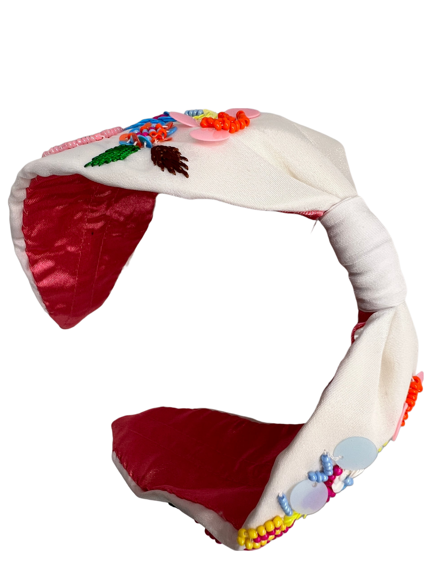 ELEGANT WHITE AND PINK EMBROIDED HAIRBAND