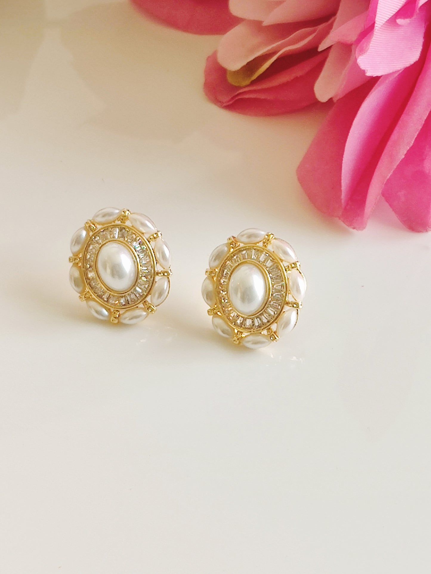 Vintage-Inspired Pearl & Gold Statement Stud Earrings