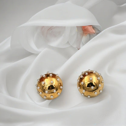 Golden Stainless Steel Stud Earrings with Delicate Pearl Accents