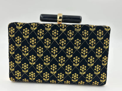 Luxury Black Velvet Clutch with Golden Floral Embroidery & Bar Clasp