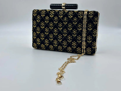 Luxury Black Velvet Clutch with Golden Floral Embroidery & Bar Clasp