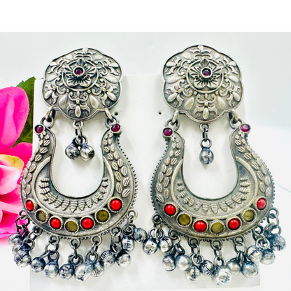 Arshiya Traditional Oxidized Earrings with Red and Yellow Stones