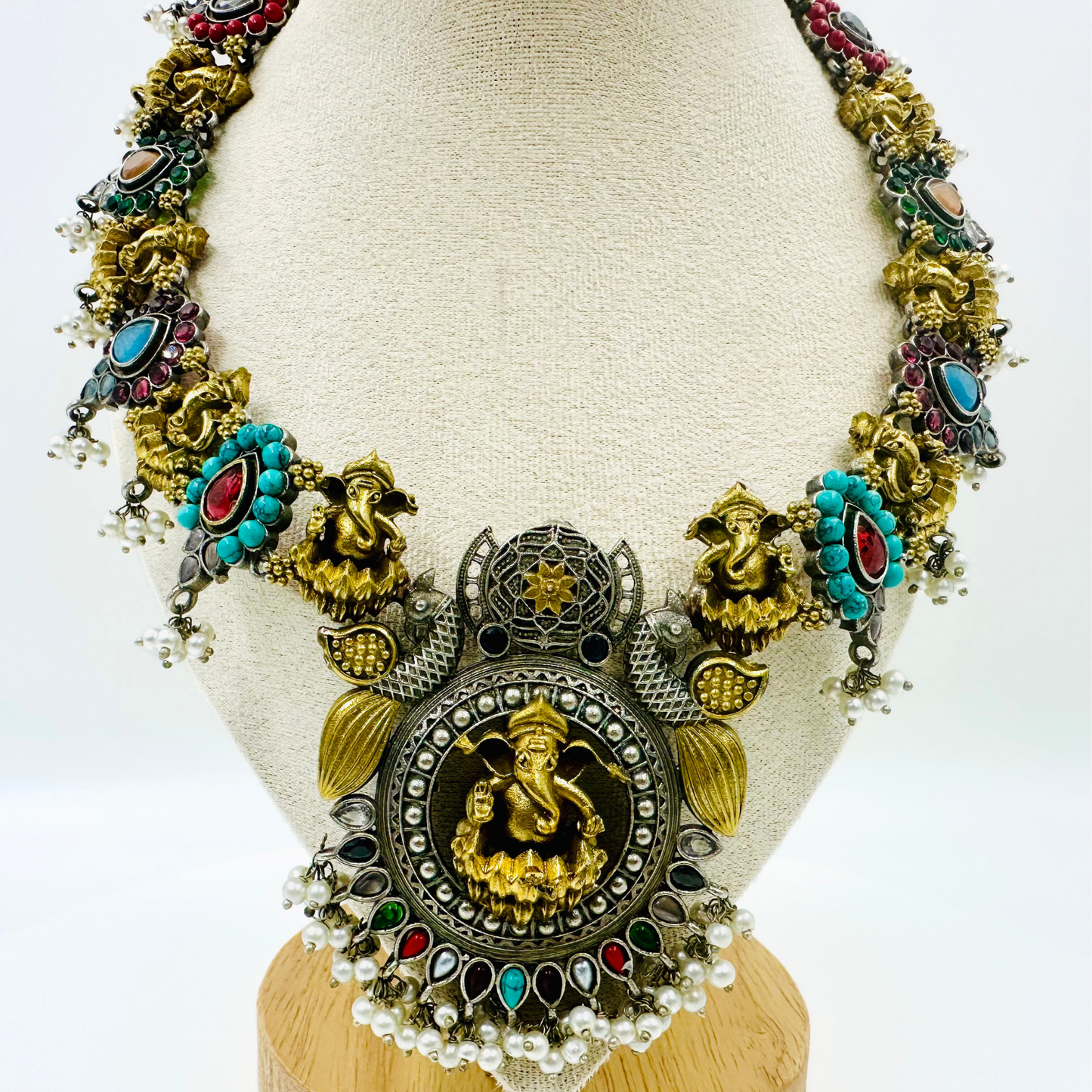 Traditional Treasure Dual Tone Temple Design Oxidized Necklace Set