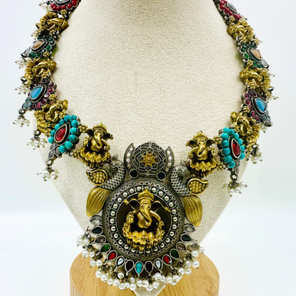 Traditional Treasure Dual Tone Temple Design Oxidized Necklace Set