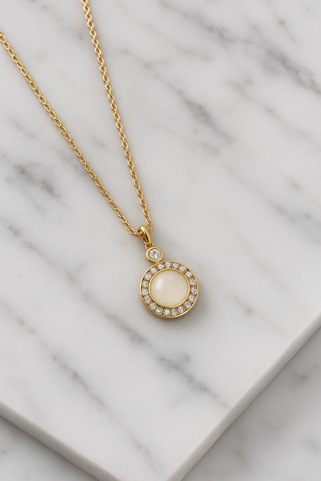 Round Pendant Necklace with Crystal Halo & Mother-of-Pearl Center | Anti-Tarnish Women’s Jewelry