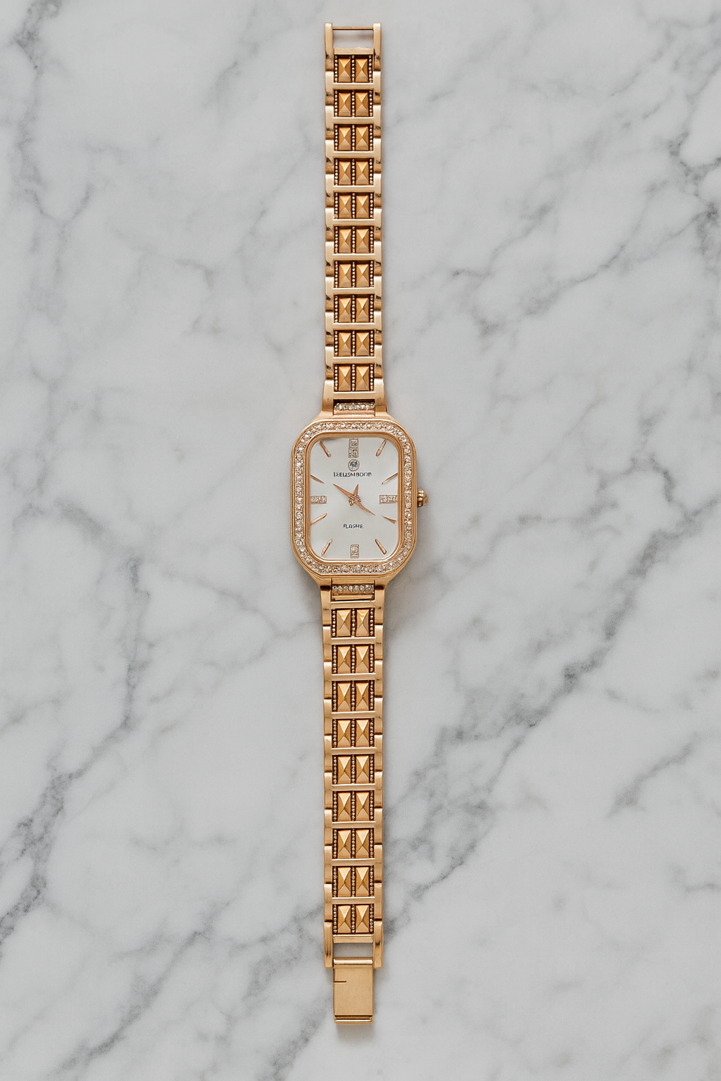 Rose Gold Rectangular Dial Bracelet Watch with Crystal Bezel & Pyramid Strap | Women’s Fashion Wristwatch