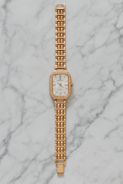 Rose Gold Rectangular Dial Bracelet Watch with Crystal Bezel & Pyramid Strap | Women’s Fashion Wristwatch