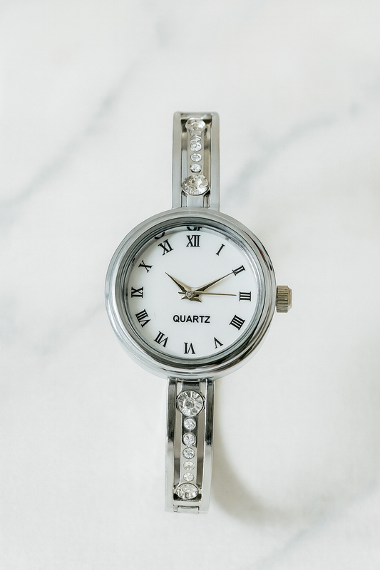 Silver Bracelet Watch with White Roman Dial & Crystal Strap | Elegant Women’s Fashion Wristwatch