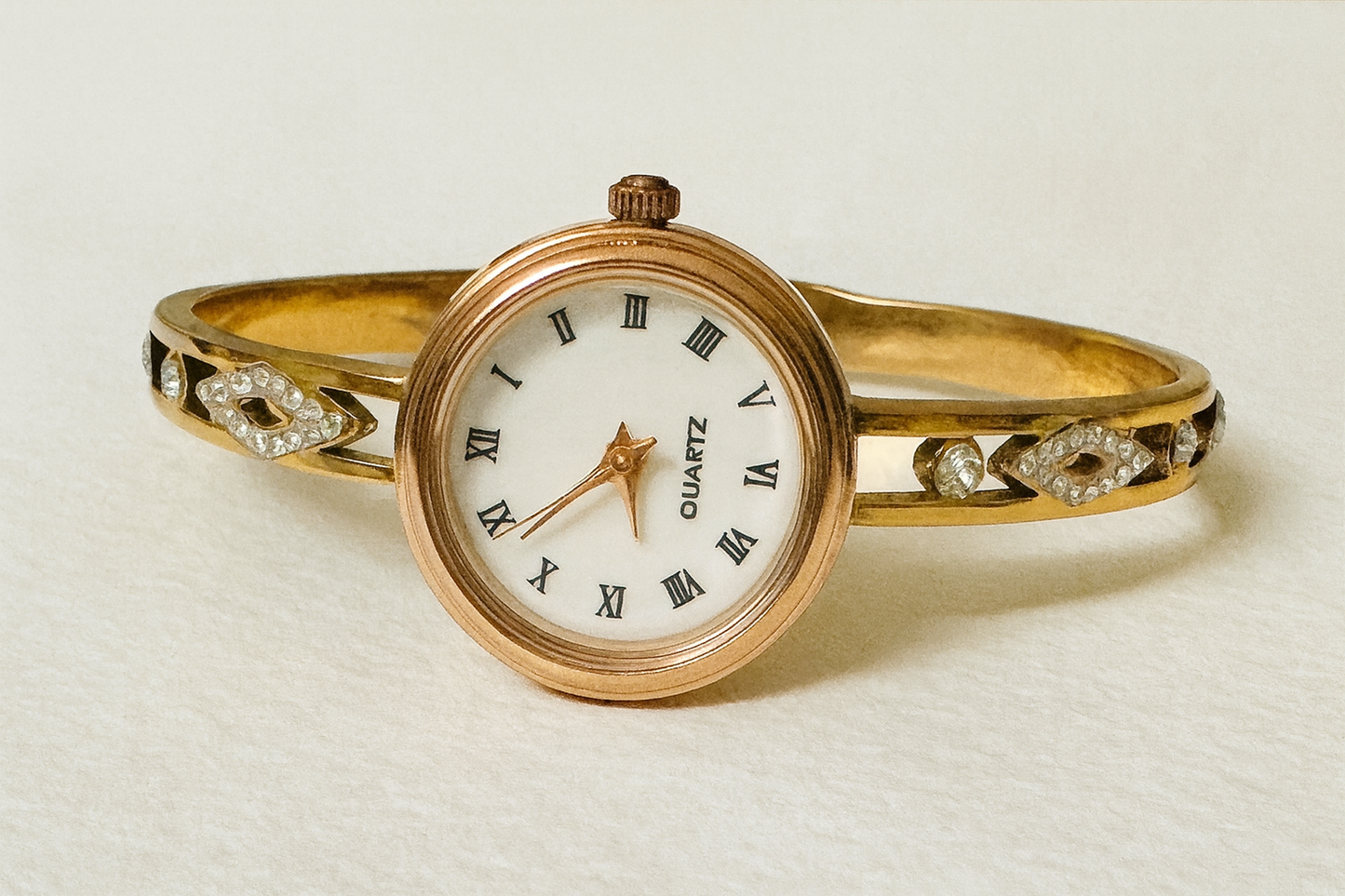 Stainless Steel Gold Bangle Watch with White Roman Dial & Crystal Motif Strap | Women’s Wristwatch